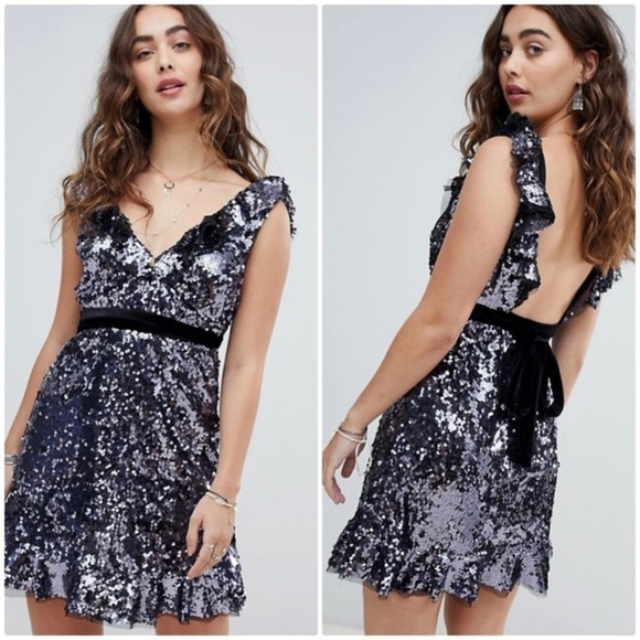 Free People New With Tags Lavender Sequins Black Velvet Mini Backless Dress - Picture 10 of 12